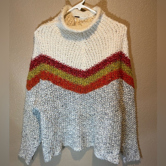 Free People Oversized Multicolor Chevron Knit Turtleneck Sweater